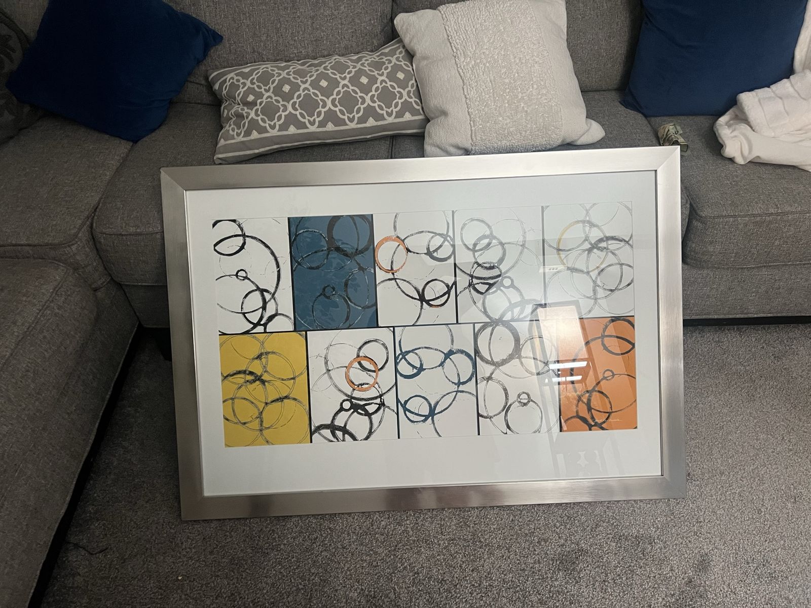 Large Modern Framed Abstract Circle Print Artwork in Silver Frame