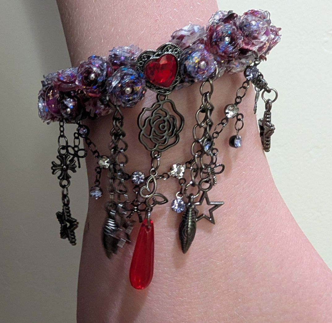 Handmade Purple Gothic Beaded Charm Bracelet with Red Heart & Teardrop