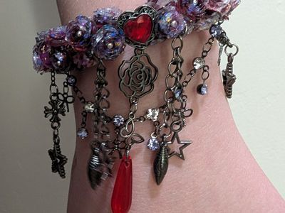 Handmade Purple Gothic Beaded Charm Bracelet with Red Heart & Teardrop