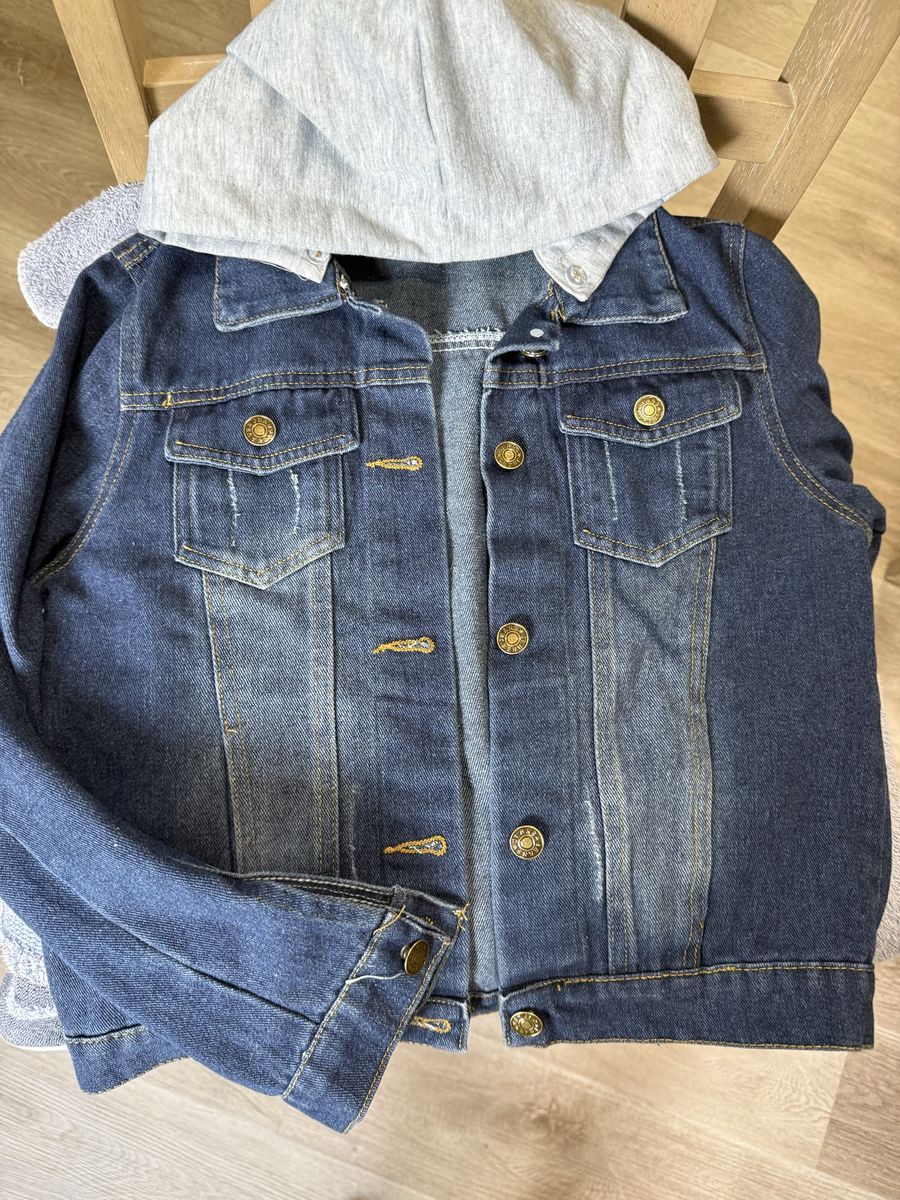 Women's Blue Denim Jacket with Removable Grey Fabric Hood - Size S