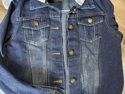 Women's Blue Denim Jacket with Removable Grey Fabric Hood - Size S