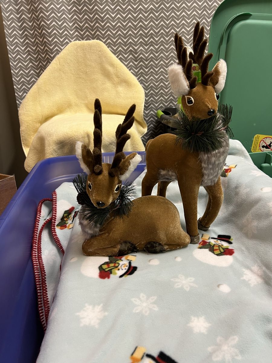 2 Vintage Flocked Fawn Reindeer Figurines Christmas Holiday Decor Set Standing Lying