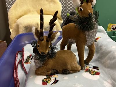 2 Vintage Flocked Fawn Reindeer Figurines Christmas Holiday Decor Set Standing Lying