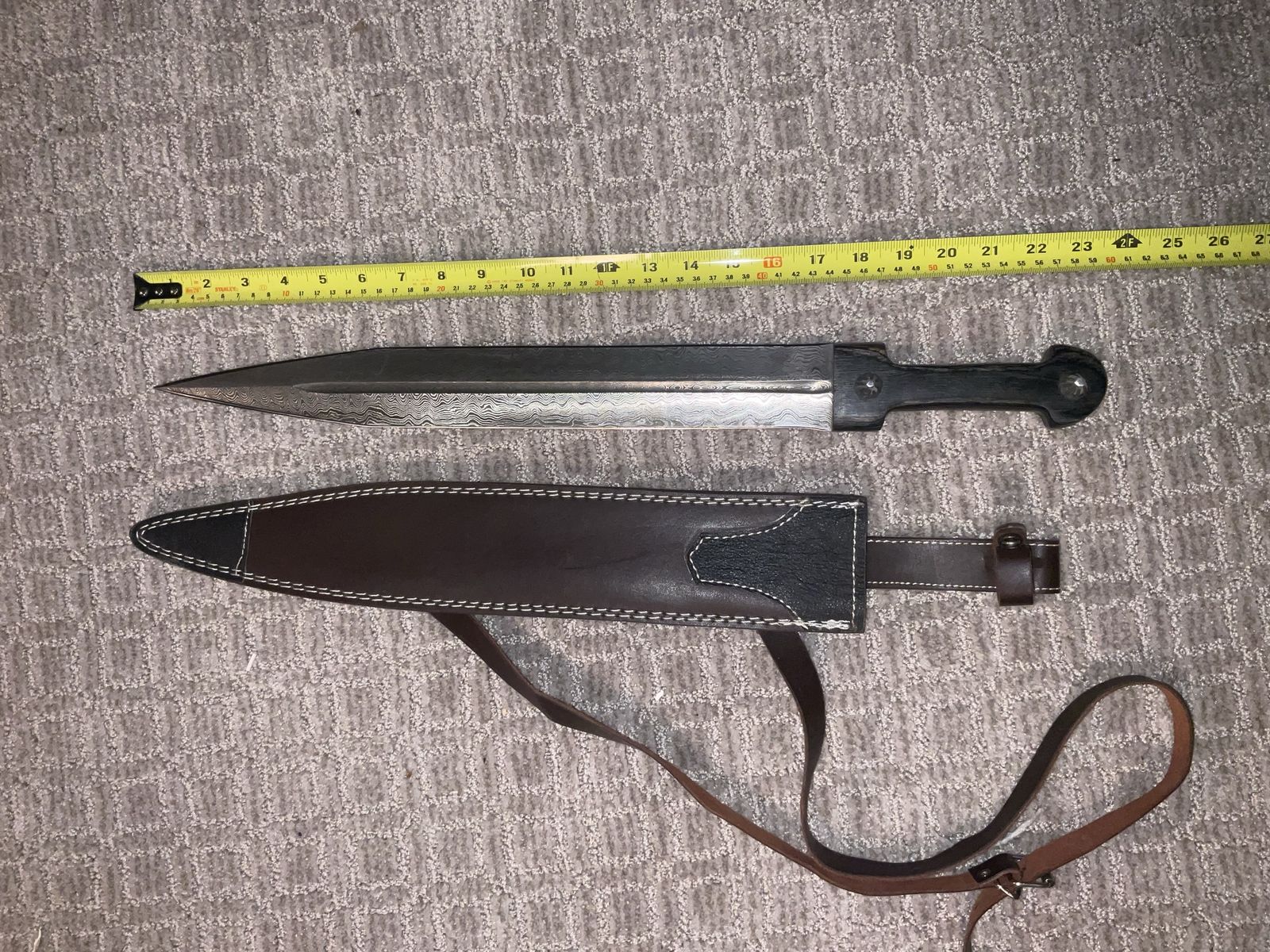 Custom Damascus Steel Short Sword - Oklahoma Seal Sheath