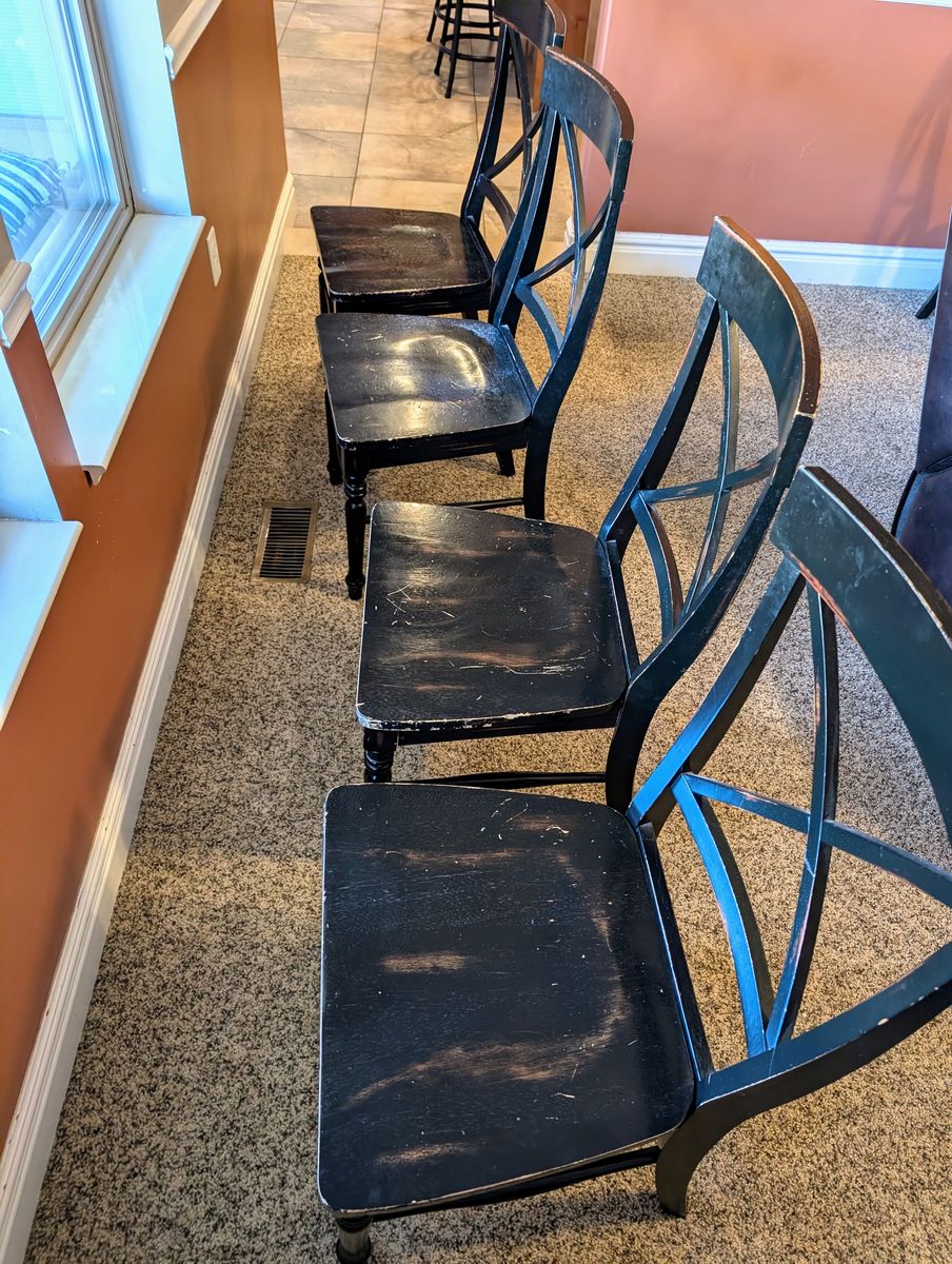 Set of 4 Rustic Black/Red Chairs – $15 ea / $50 all