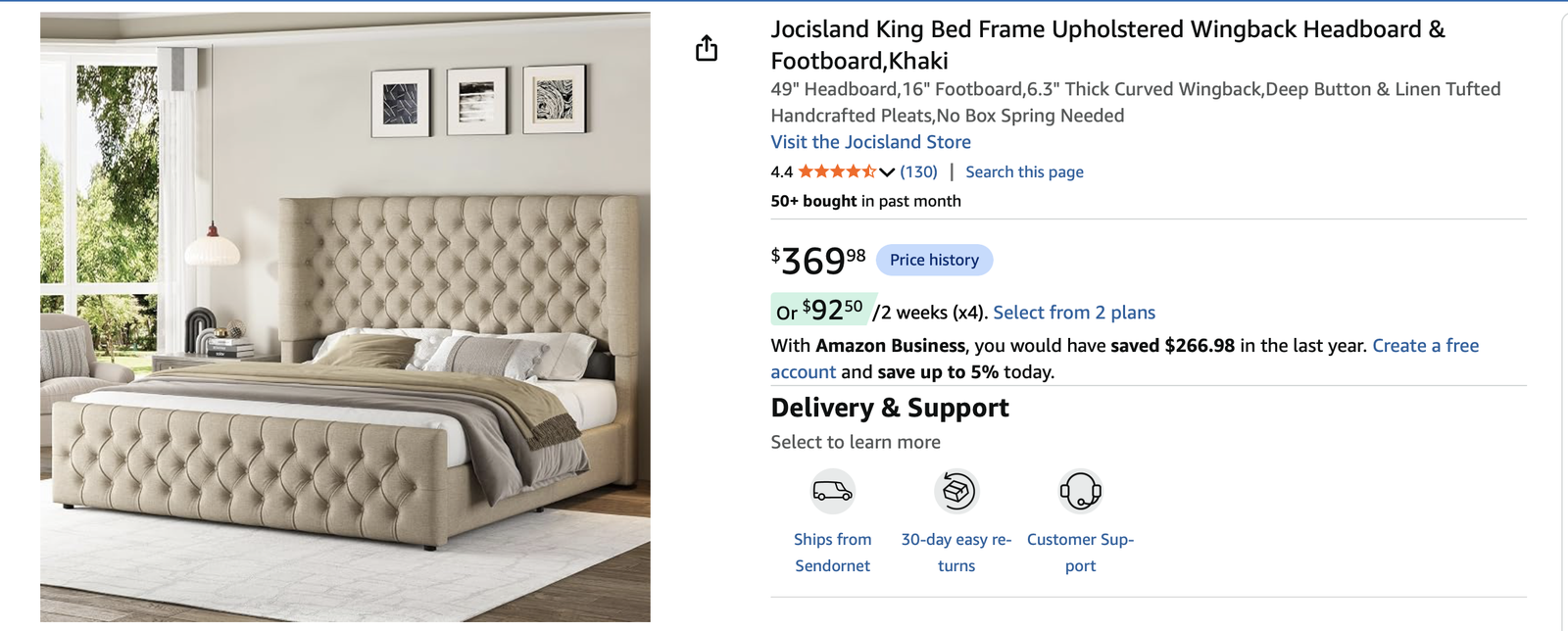 KING BED FRAME — Upholstered Wingback, Khaki (Jocisland)