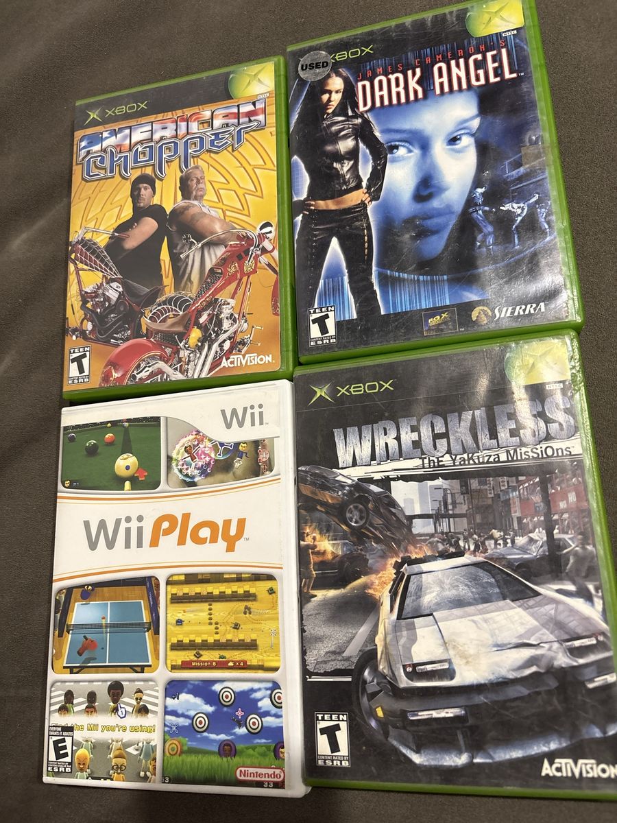 Video Game Bundle Xbox Games (Wreckless, Dark Angel, American Chopper) & one Wii Play