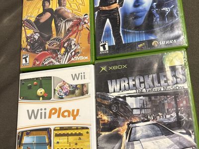 Video Game Bundle Xbox Games (Wreckless, Dark Angel, American Chopper) & one Wii Play