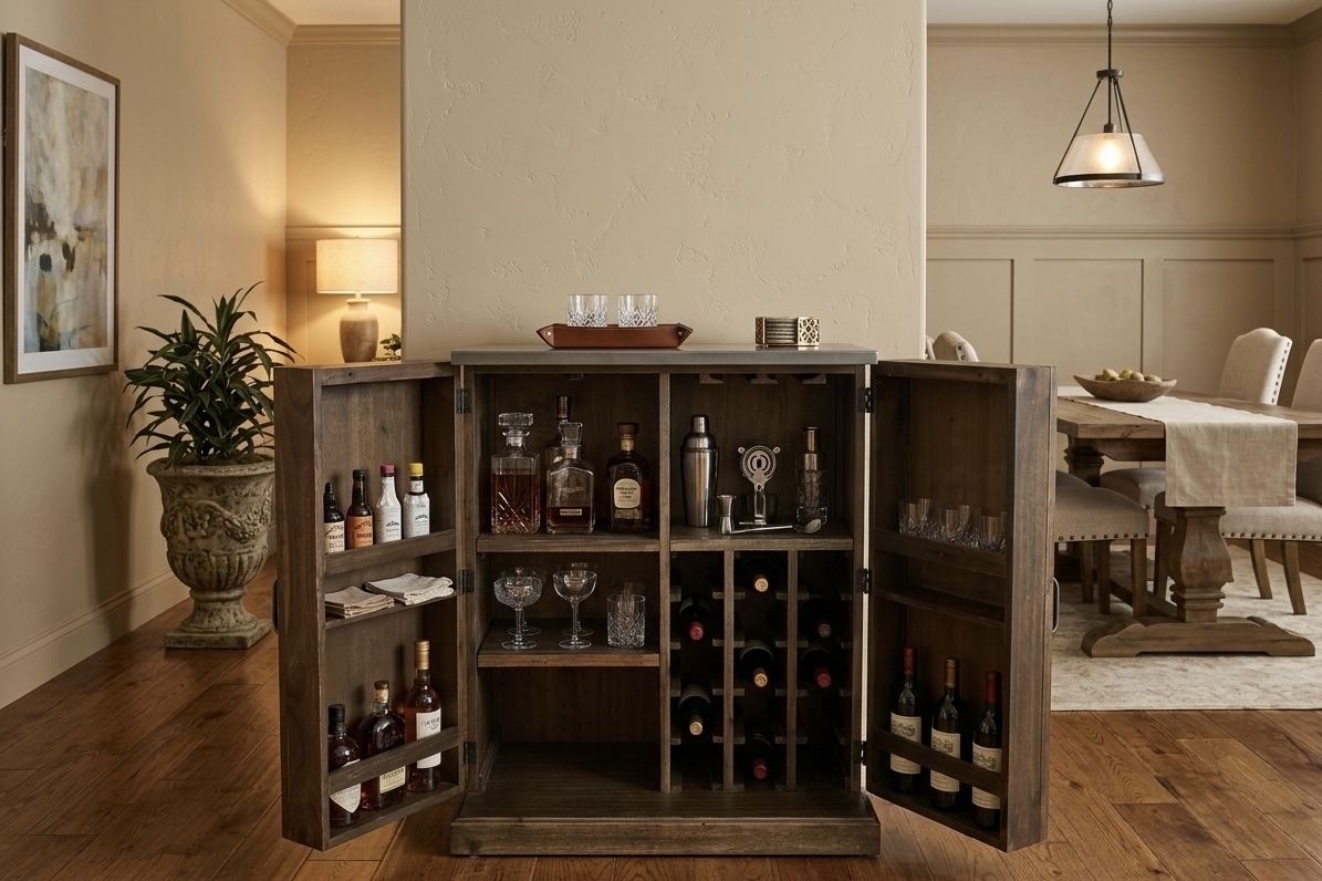 Burnt Alder Farmhouse Barn Door Bar Cabinet