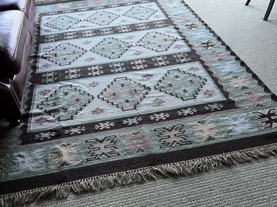 Kilim Jute Rug - 6.5 x 9 ft Moroccan Boho Geometric Design in Blue/Brown