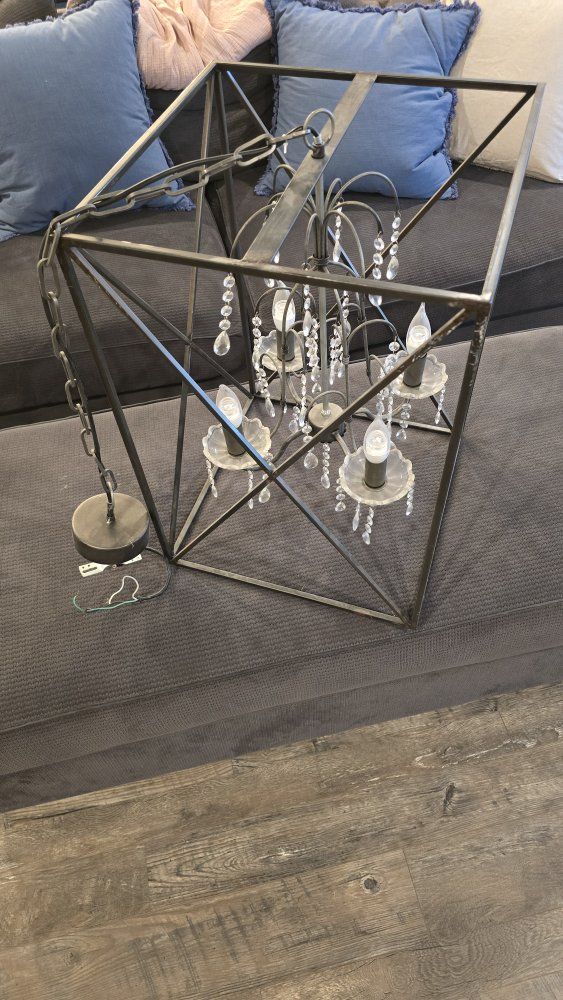 Geometric Cage Chandelier w/ Crystals - 4-Light, Industrial Farmhouse Style