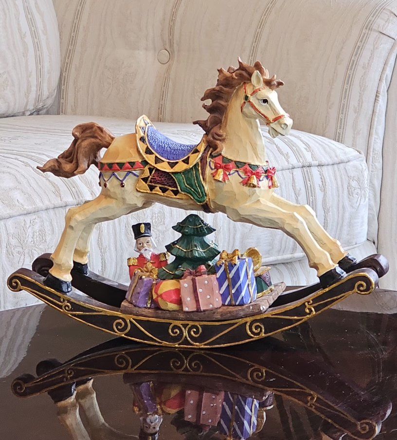 Vintage Hand Painted Christmas Rocking Horse Figurine with Tree and Gifts in Original Box 14.5"×11"