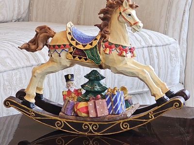 Vintage Hand Painted Christmas Rocking Horse Figurine with Tree and Gifts in Original Box 14.5"×11"