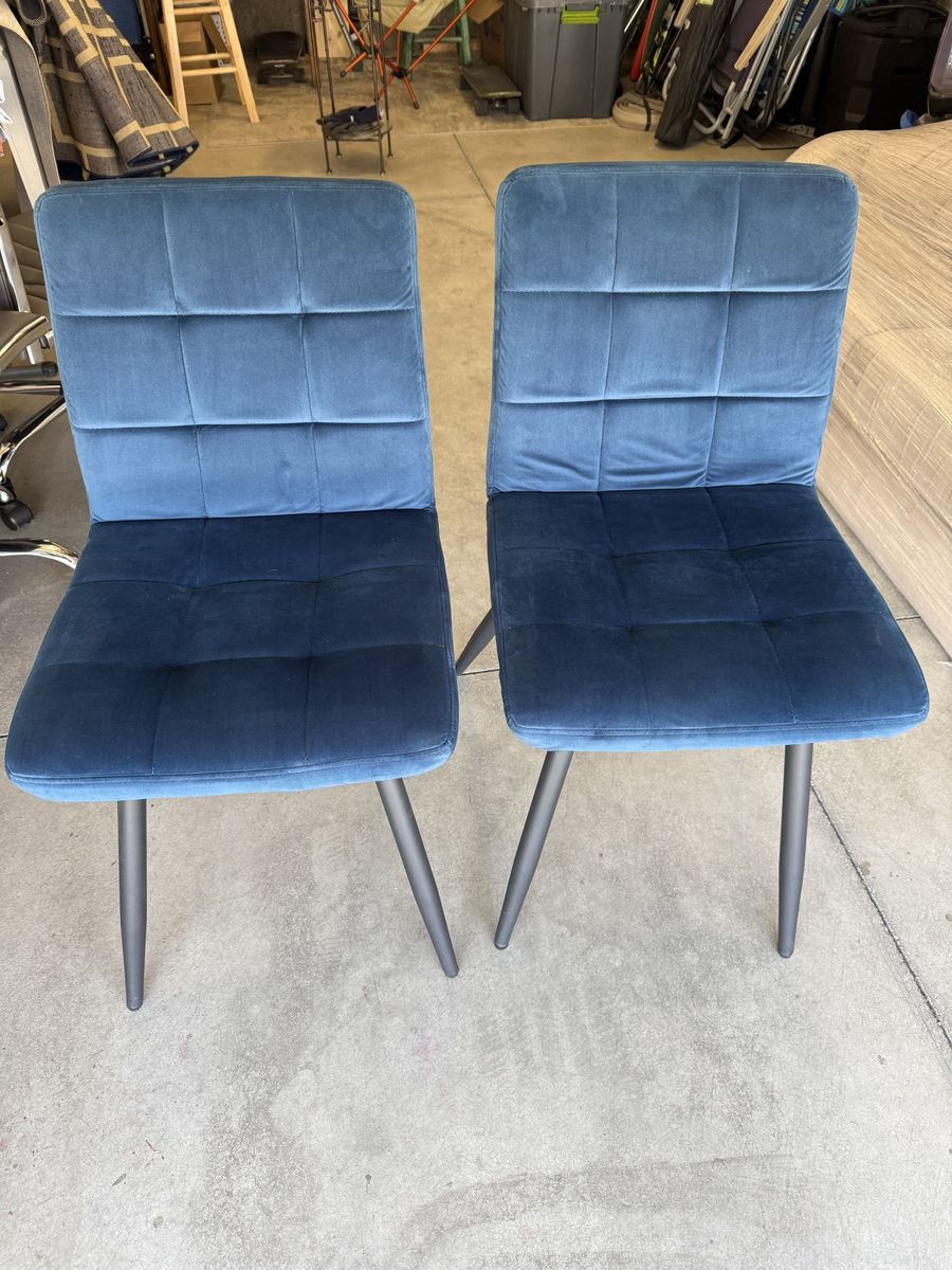Pair of Blue Velvet Upholstered Dining Chairs – Black Metal Legs