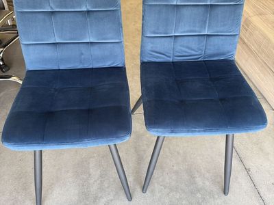 Pair of Blue Velvet Upholstered Dining Chairs – Black Metal Legs
