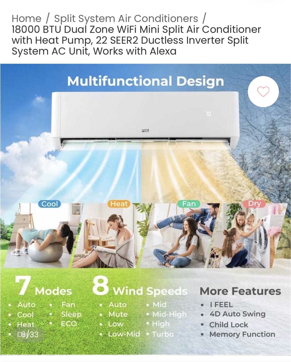2 COSTWAY 18000 BTU Dual Zone WiFi Mini Split AC Unit with Heat Pump, 22 SEER2, Ductless Inverter, Alexa