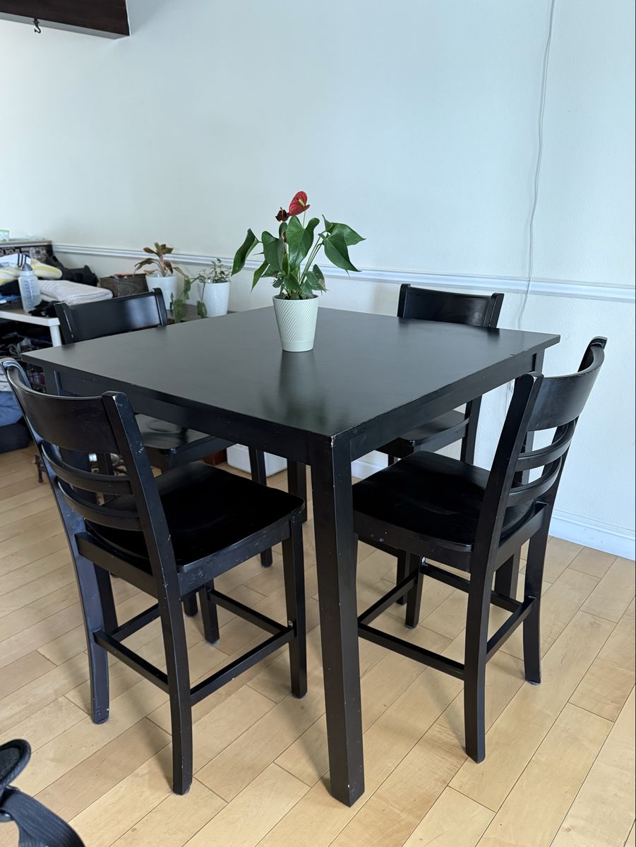 Black Wooden Counter Height Dining Table Set with 4 Ladder Back Chairs