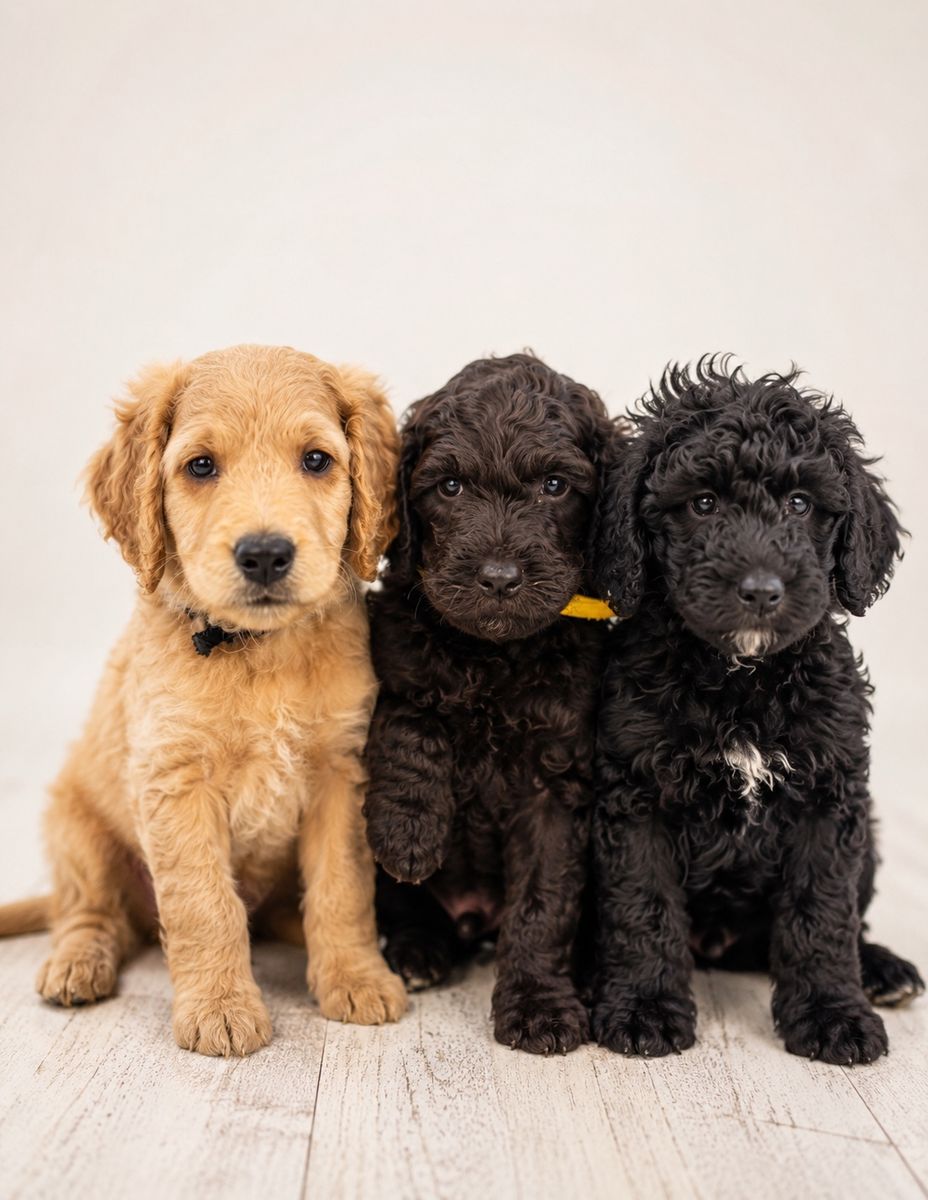 F1B Mini Goldendoodle Puppies: Hamm (Apricot, Flat Coat) , Gabby (Black, Wavy Coat) & Lily ( Black, curly Coat)