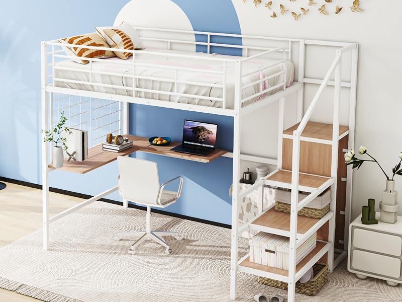 Harper & Bright Designs Full Size Metal Loft Bed Frame w/ Desk? & Storage Stairs?, Black?, New In Box