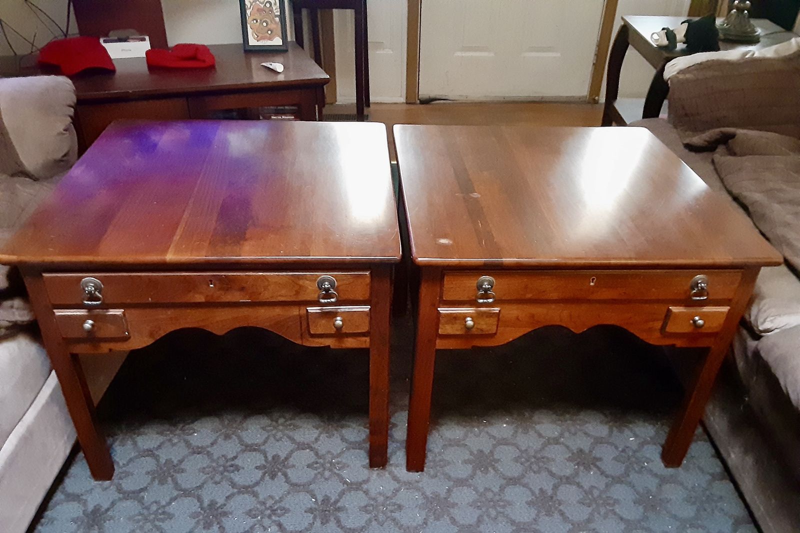 Vintage Set of Two Wooden End Tables with Drawers