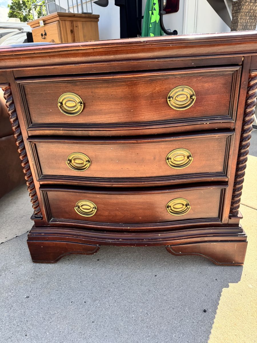 Wood Nightstand/End Table with 3 Drawers - Rich Cherry Finish, Brass Pulls
