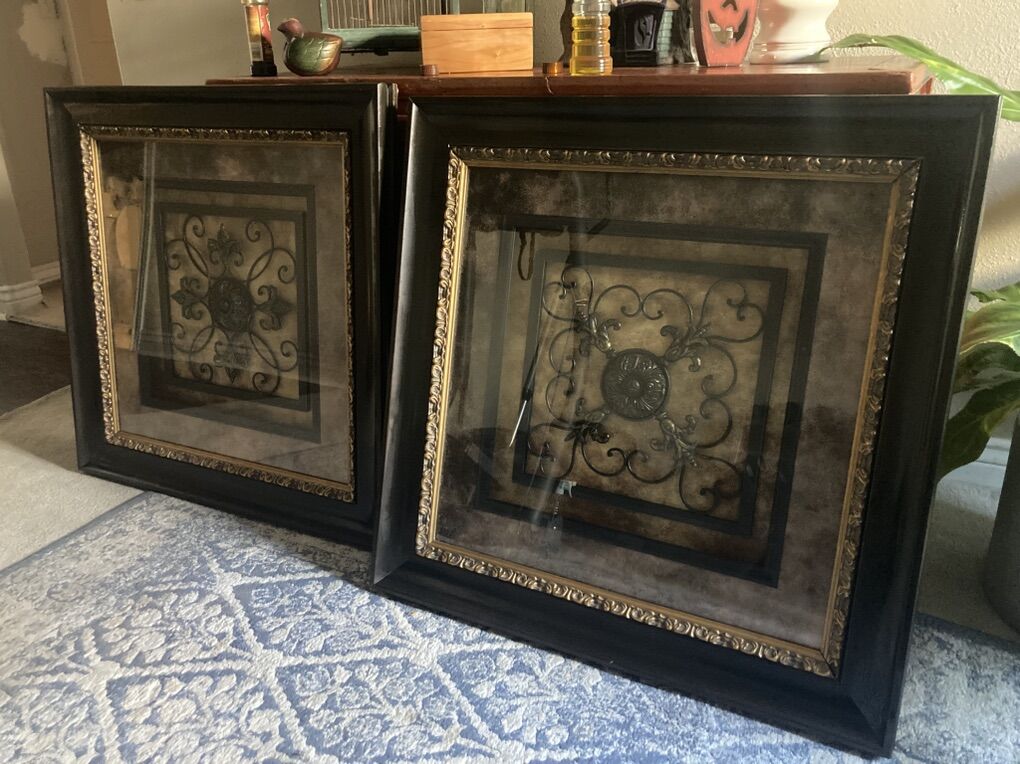 2 Pc Metal Scrollwork Gold And Black Framed art