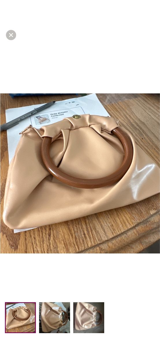 Chic Pleated Satin Clutch Handbag with Wooden Ring Handle - Blush Pink/Nude