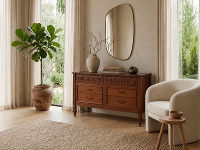 Vintage Mid Century 6-Drawer Walnut Dresser Credenza w/Fluted Facade Top Drawers & Framed Lower Drawers, Carved Legs & Brass Har