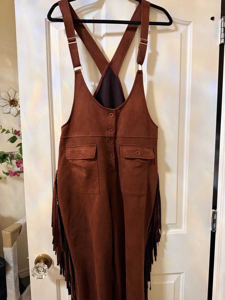 New. Brown Faux Suede Fringe Overalls XL