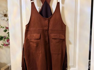 New. Brown Faux Suede Fringe Overalls XL