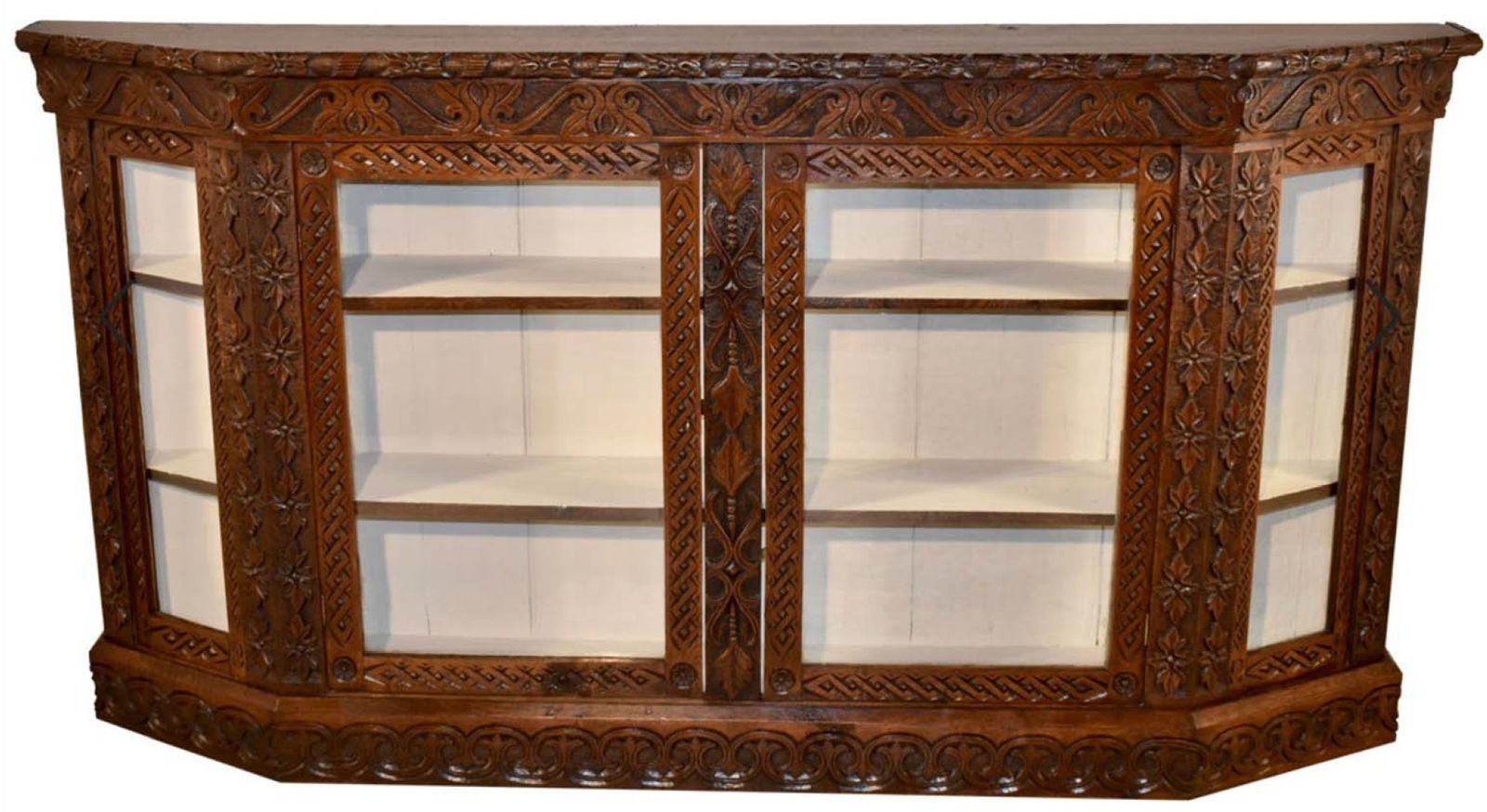 Antique 19th Century English Oak Bookcase c. 1880 - Hand Carved & Beveled Edge Display Cabinet