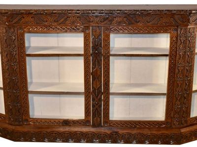 Antique 19th Century English Oak Bookcase c. 1880 - Hand Carved & Beveled Edge Display Cabinet