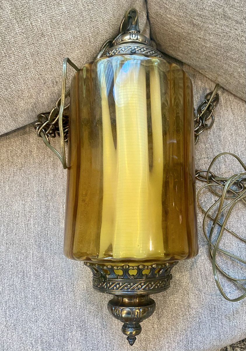 Vintage Amber Swag Lamp Hanging Light Fixture Gold Chain Mid-Century Modern Decorative Light