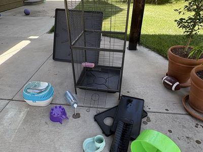 Tall Multi-Level Small Animal Cage with Accessories and Wheel. Rat set up