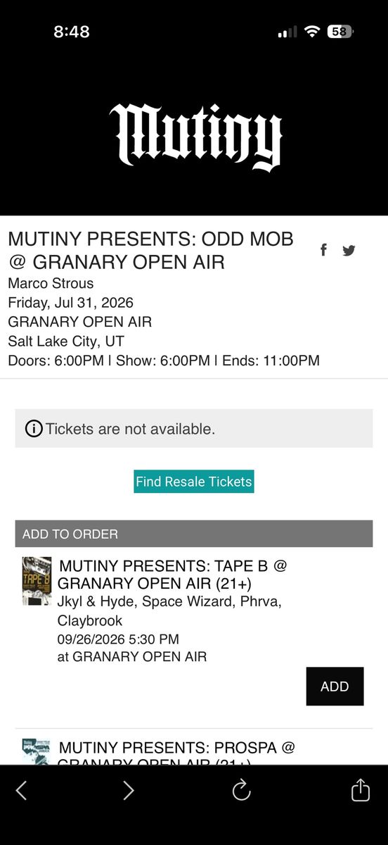 Mutiny Presents: Odd Mob @ Granary Open Air - July 31, 2026 - Salt Lake City, UT SOLD OUT SHOW