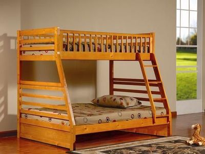 New In Box Twin Over Full Oak Bunk Bed.