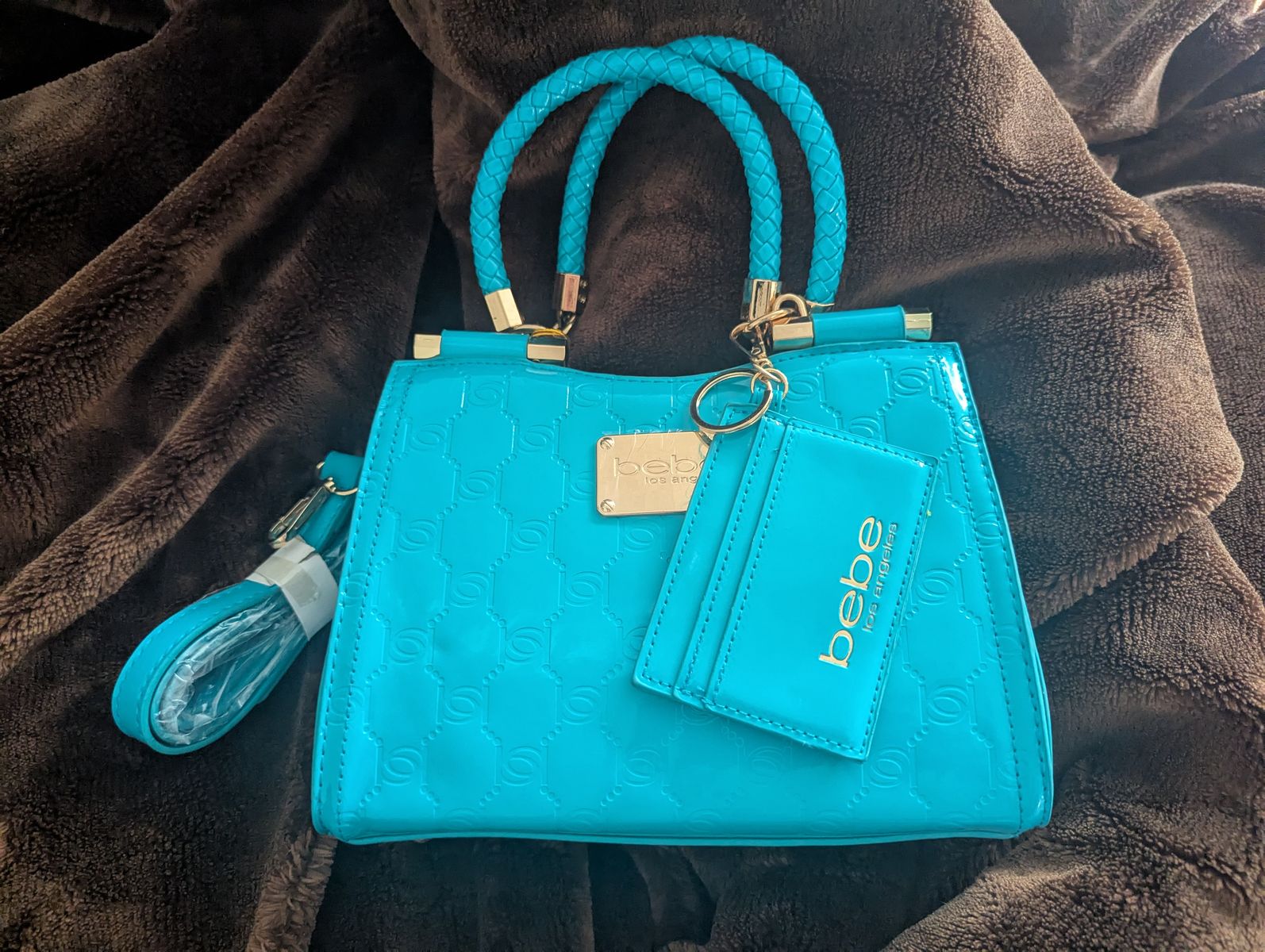 Bebe dana monogram top handle crossbody capri blue