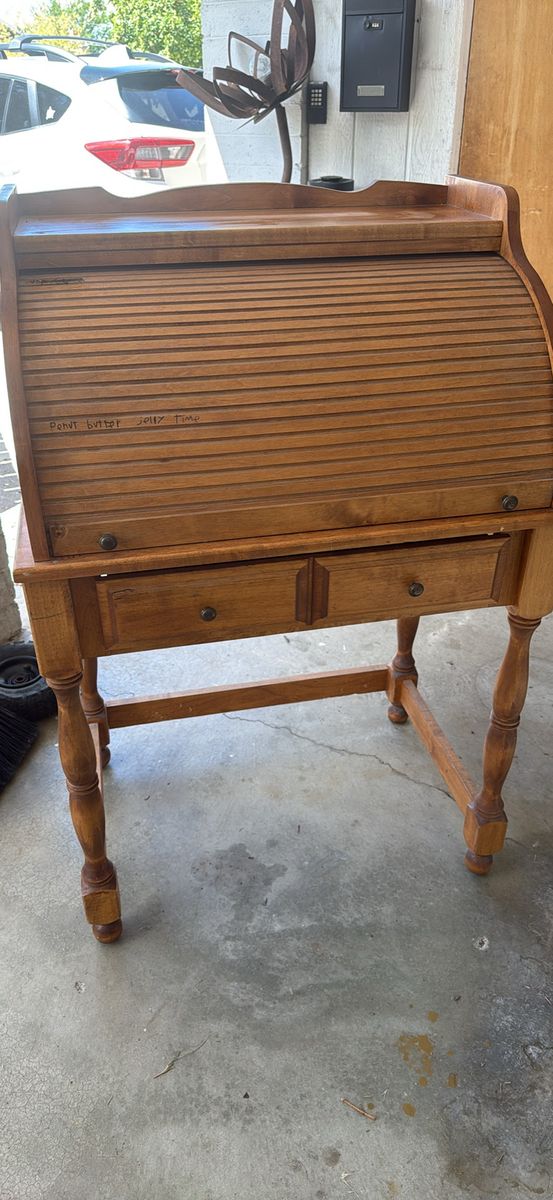 Vintage Wood Roll-Top Desk with Drawer