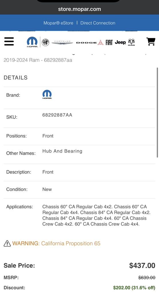 2019-2024 Ram2500 Front Wheel Bearing/hub Oem