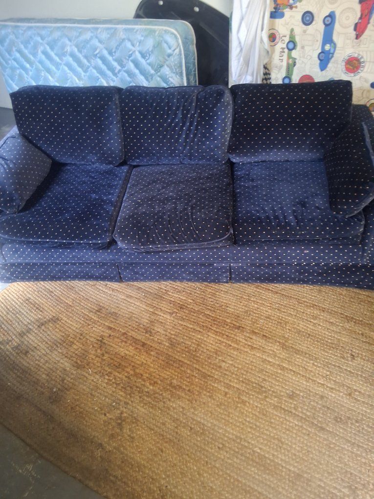 Blue Polka Dot Upholstered Fabric Couch / Sofa