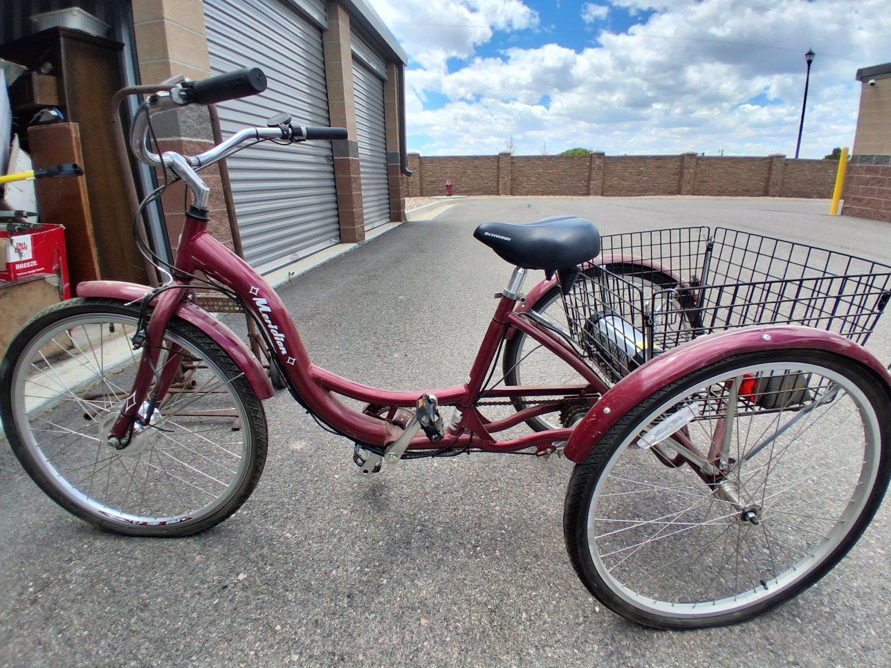 Schwinn Meridian Adult Tricycle - 26" Wheels, Large Basket, Maroon converted to electric