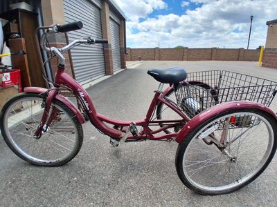 Schwinn Meridian Adult Tricycle - 26" Wheels, Large Basket, Maroon converted to electric