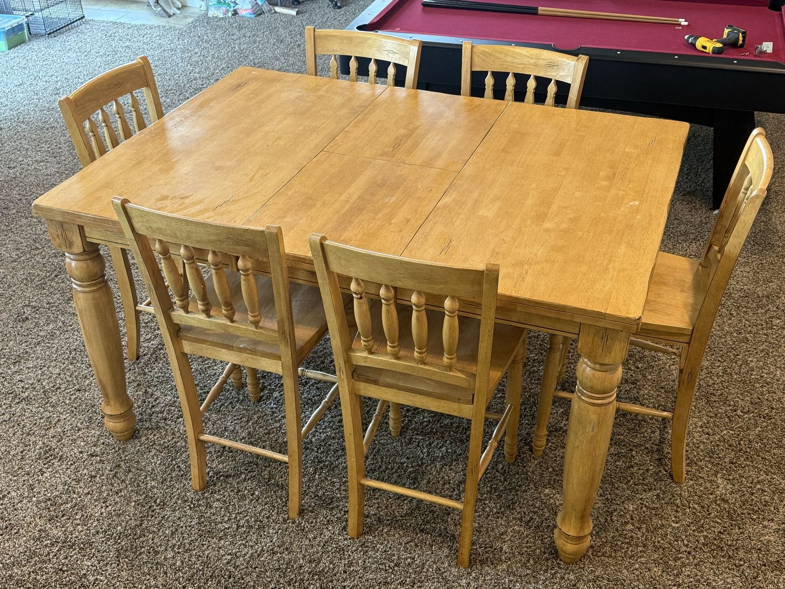 Solid Wood Dining Table Set with Extension Leaf and 6 Spindle-Back Chairs