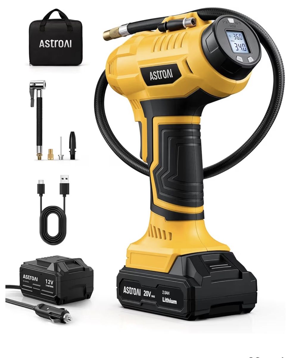 AstroAI Cordless Portable Air Compressor 20V Max Tire Inflator with Battery & Accessories