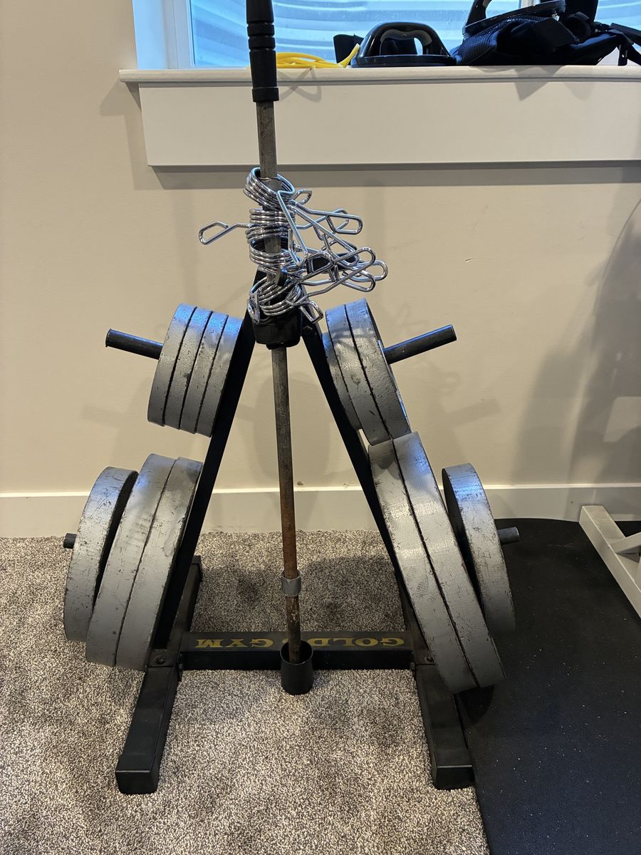 45-2.5 lb barbell weights with rack and barbell clamps