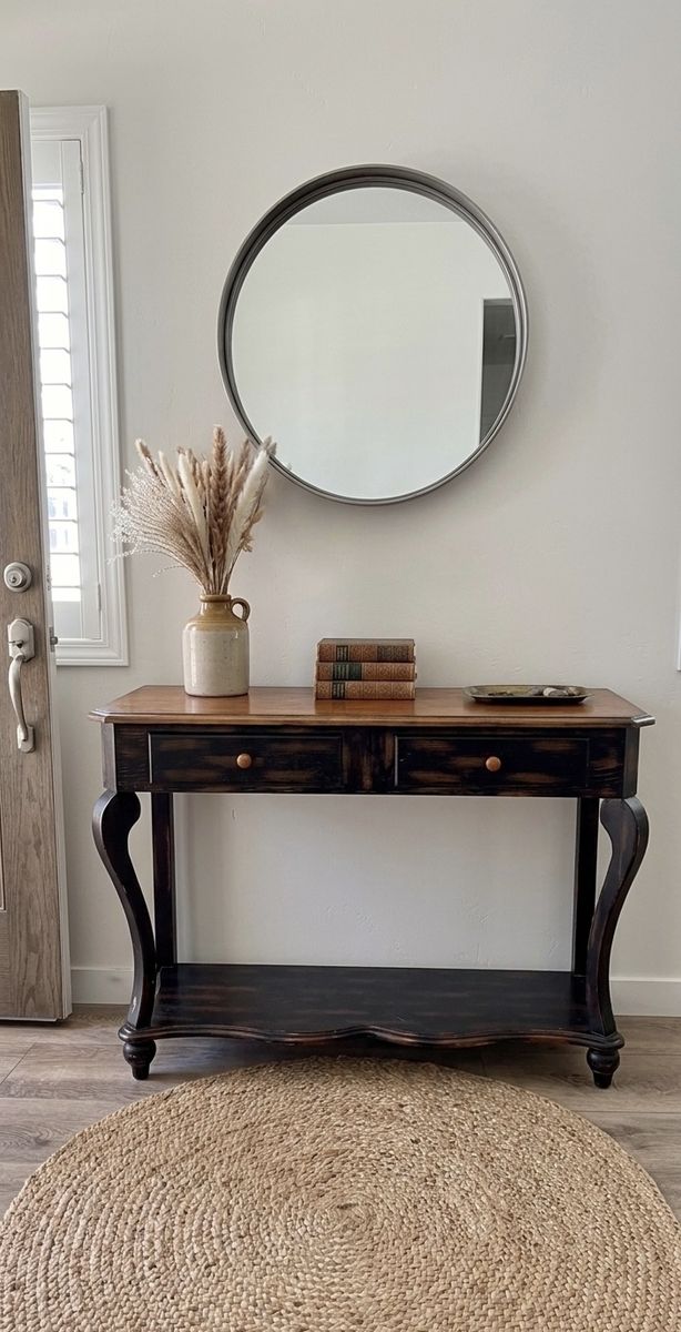 Vintage Two-Tone Console Table with 2 Drawers & Lower Shelf