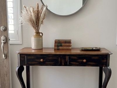 Vintage Two-Tone Console Table with 2 Drawers & Lower Shelf