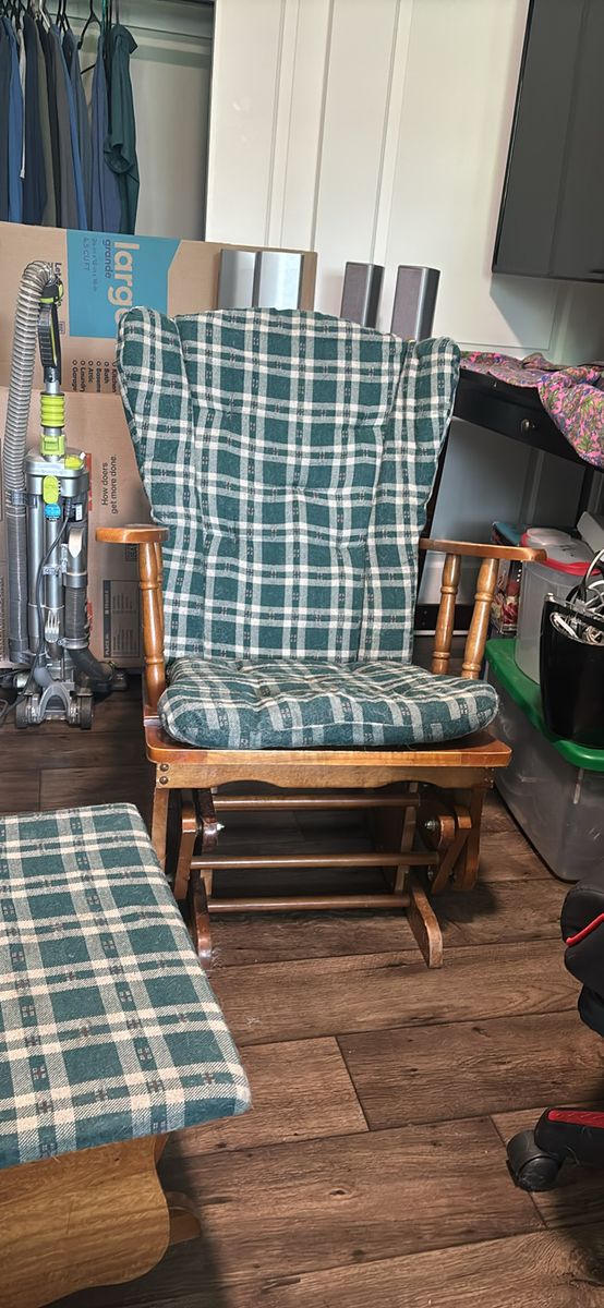 Classic Glider Rocking Chair with Ottoman - Green Plaid Upholstery, Wood Frame