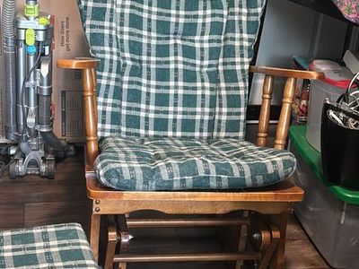 Classic Glider Rocking Chair with Ottoman - Green Plaid Upholstery, Wood Frame