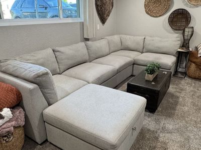 Spacious Light CreamSectional Sofa with Storage Ottoman - Excellent Condition